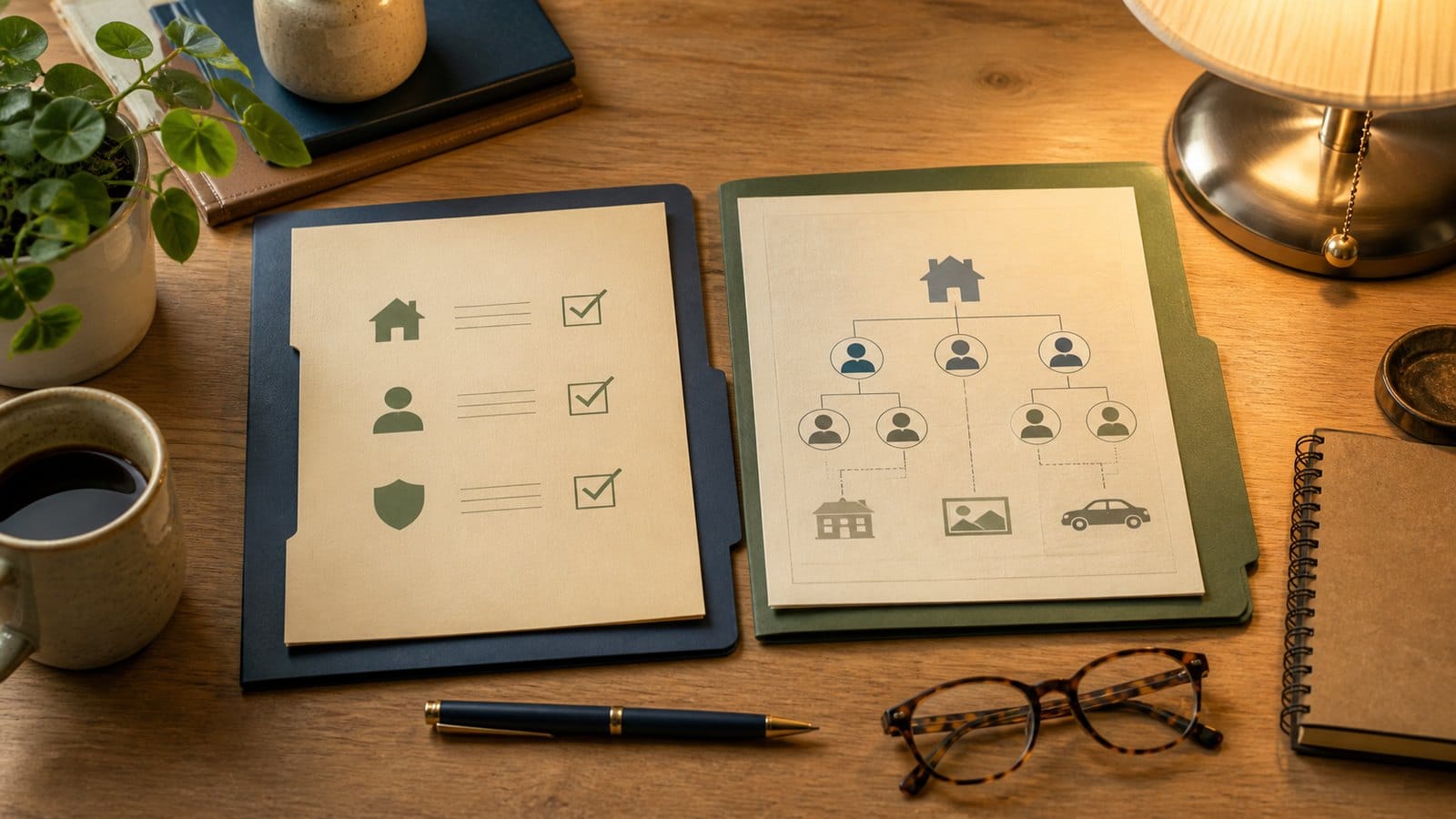 Two folders representing simple and complex will-writing decisions