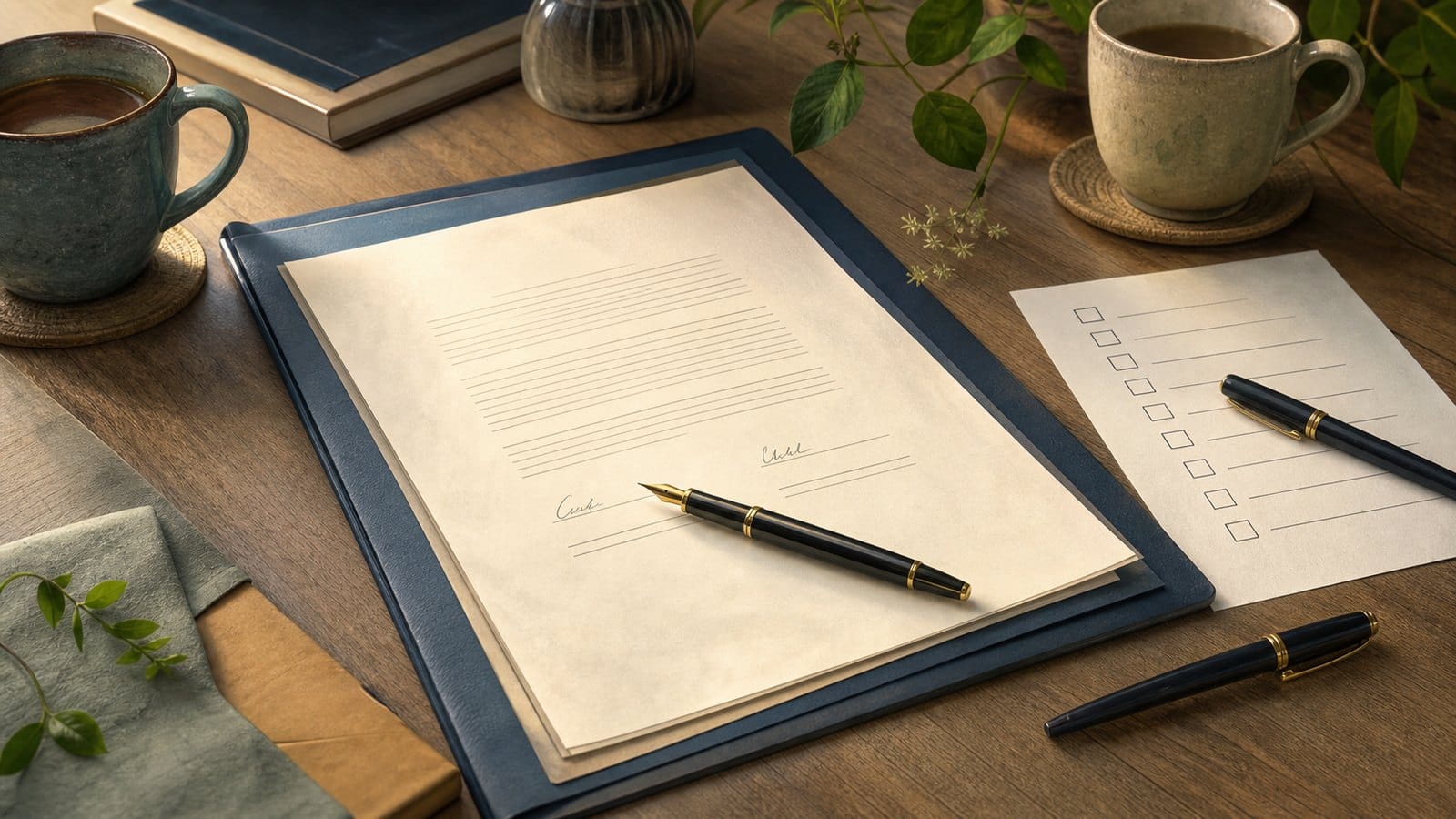 A will signing checklist, document and pens on a home desk