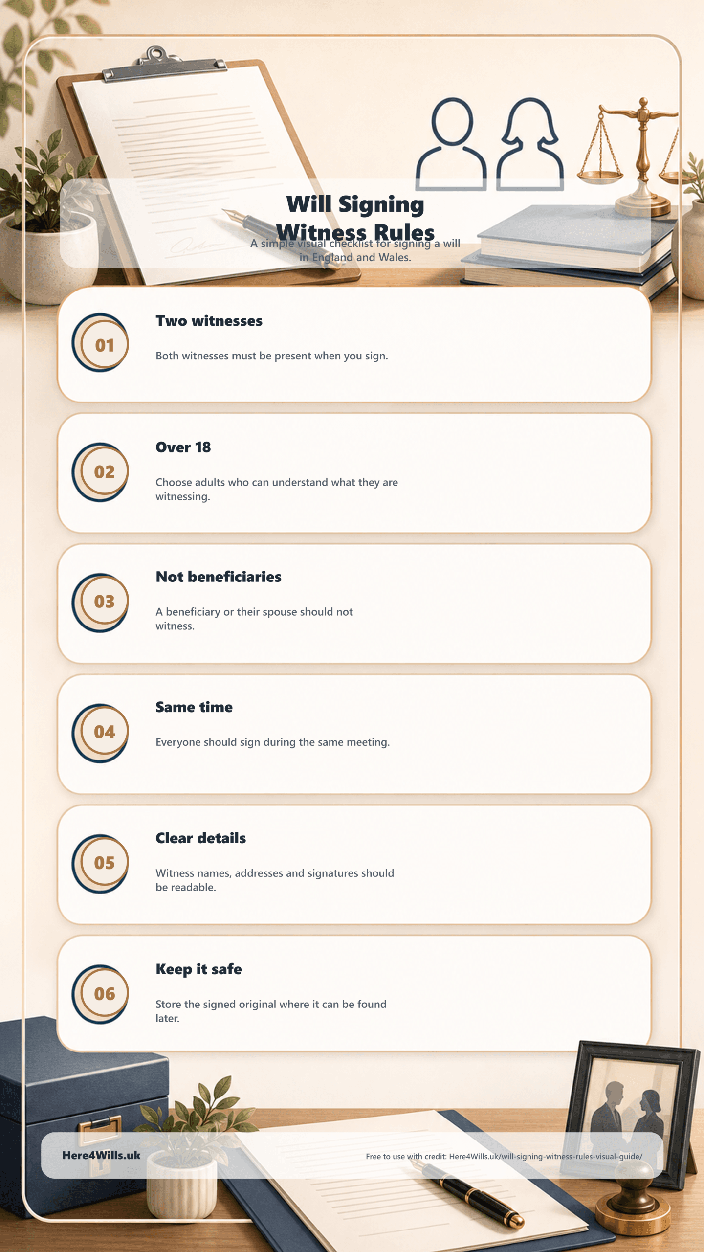 Portrait infographic explaining six will signing and witness rules for England and Wales