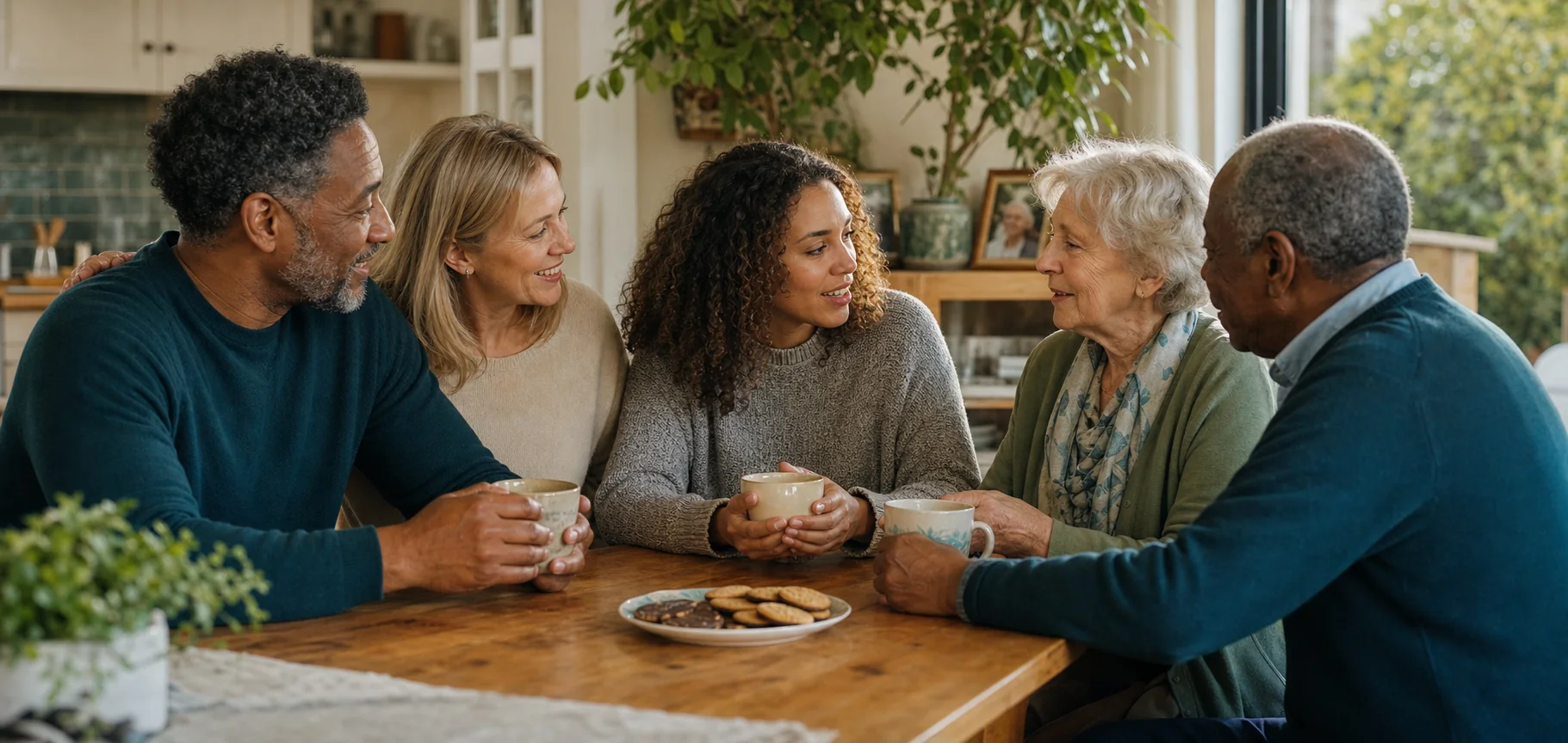 A blended, multigenerational family talking together over tea