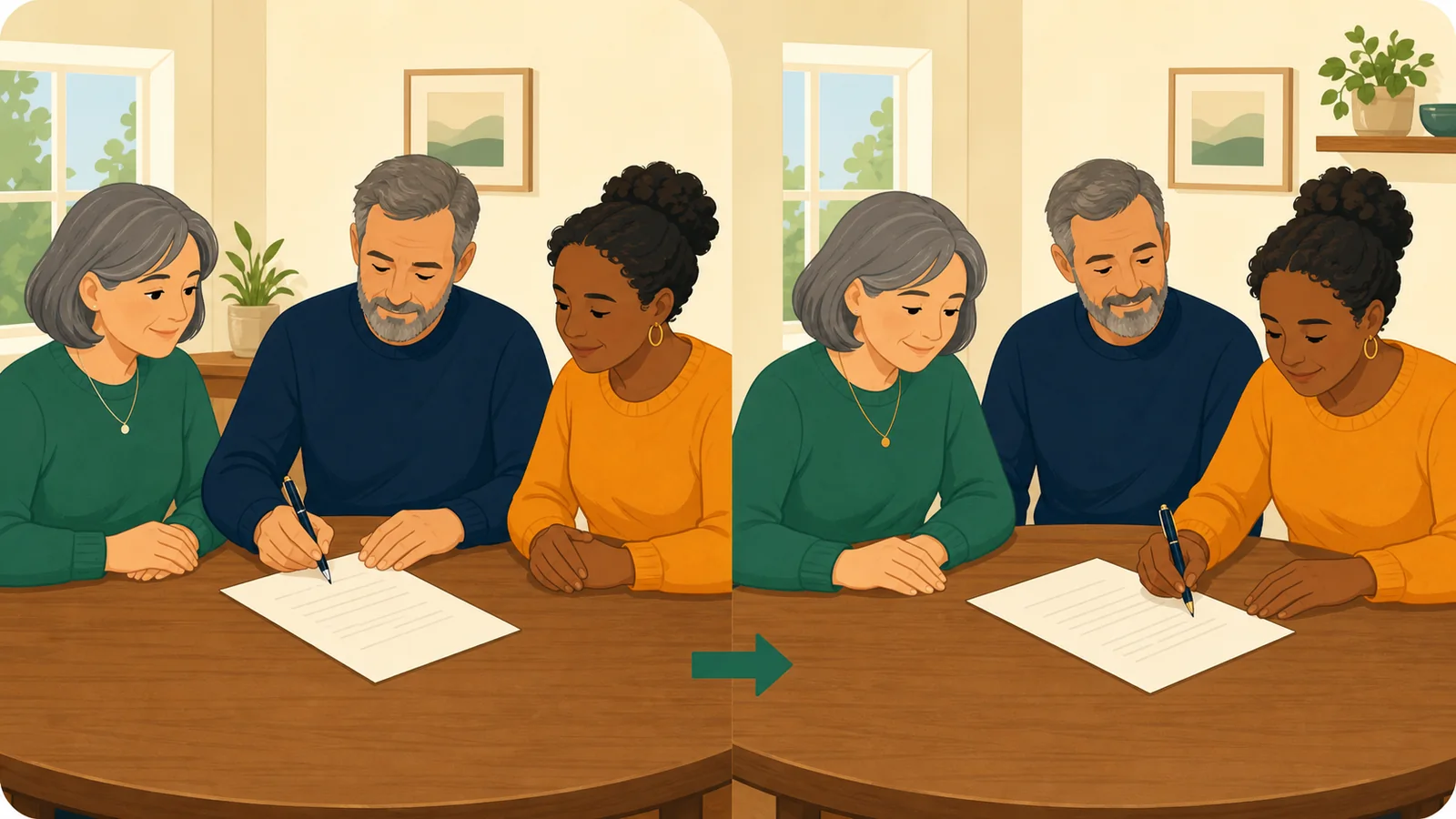 Illustration of a person signing a will with two witnesses